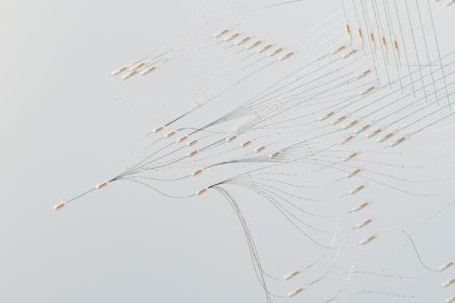 Ilustração abstrata de redes neurais digitais interligadas, com fluxos de dados luminosos em um espaço escuro